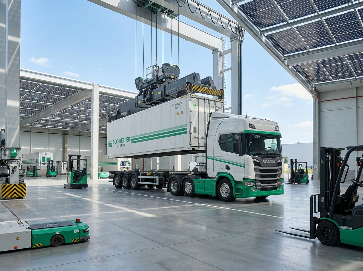 Refrigerated fleet truck at a sustainable logistics facility